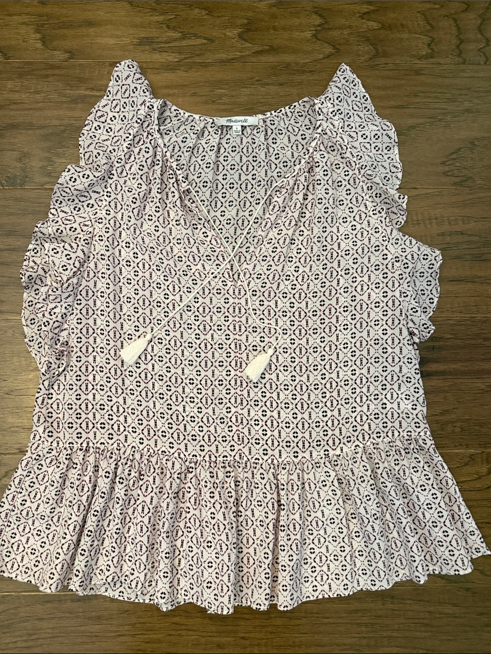 Madewell Silk Burgundy Cream Geometric Ruffle Tie-Front Sleeveless Blouse S